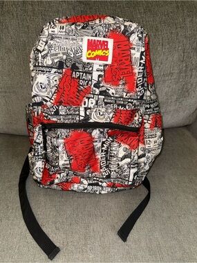 Marvel Comics Backpack Red Black White Comic Print School Book Bag Travel 16”